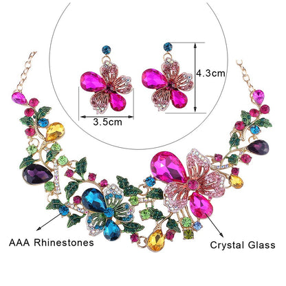 Europe and America luxury color flower crystal drill short clavicle Necklace Earrings Set women bride dinner dress ornaments