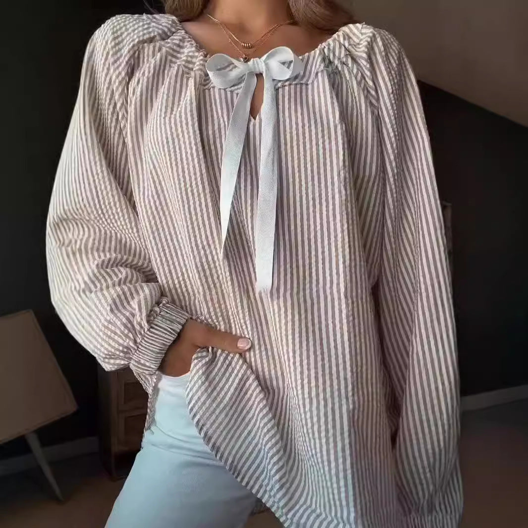 Women's Chiffon Shirt Striped Lace-up Top