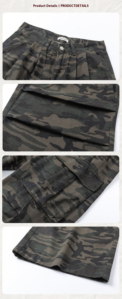 Retro Washed Camouflage Workwear With Pocket Straight Loose Jeans