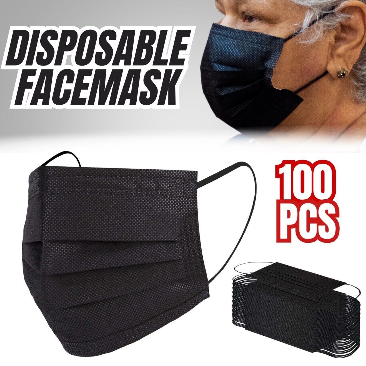 100 PC Mascarilla facial no médica quirúrgica desechable de 3 capas con lazo para las orejas - Negro