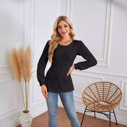 Round Neck Small Hole Bubble Sleeve Long Sleeve Top