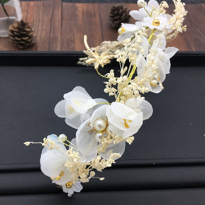 Tocado de boda lleno de flores secas de gypsophila, accesorios para el cabello del bosque