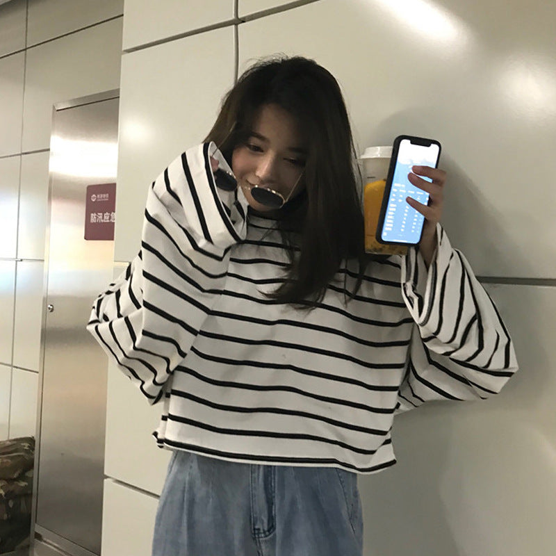 Women's Idle Style Striped Loose Long-sleeved Student T-shirt Casual Bottoming Shirt