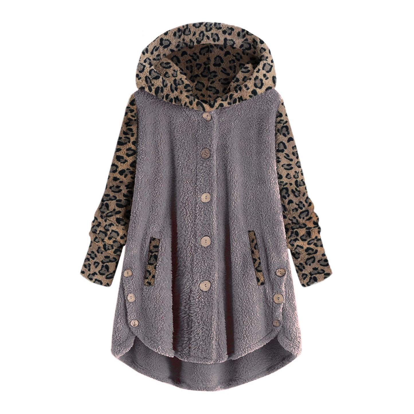 Autumn And Winter Button Long Sleeve Leopard Splicing Hooded Plush Coat For Women