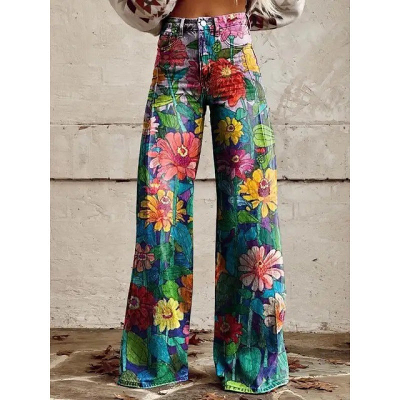 Pantalones anchos de mezclilla de imitación finos y sueltos con cintura alta y estampados para mujer a la moda