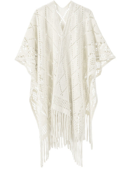 Warp Knitted Solid Color Tassel Thin Hollow Shawl