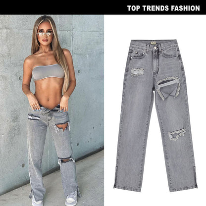 Women's High Waist Sand Gray Straight-leg Denim Trousers