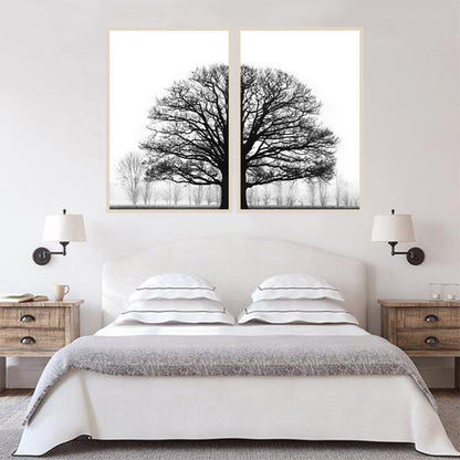 Pintura decorativa de pared con fondo de sofá moderno con árboles de invierno en blanco y negro