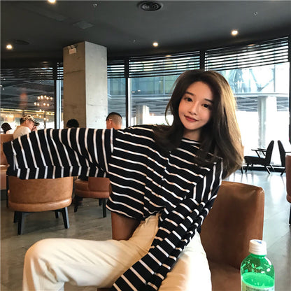 Women's Idle Style Striped Loose Long-sleeved Student T-shirt Casual Bottoming Shirt