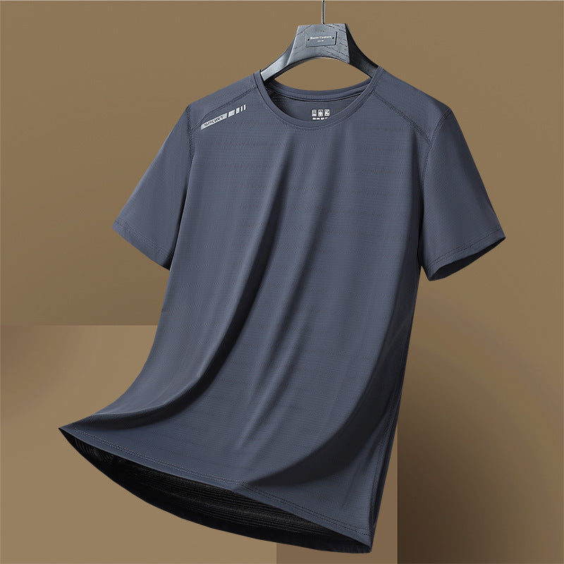 Camiseta de manga corta de secado rápido, fina, transpirable, de cuello redondo, que absorbe la humedad, de seda de hielo de alta elasticidad para mujer y hombre