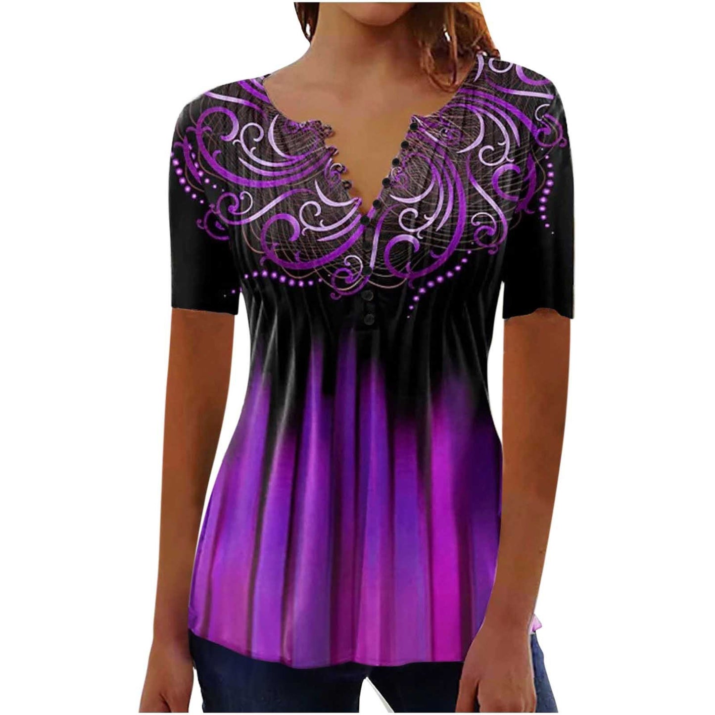 Camiseta de cuello redondo plisada con estampado digital 3D para mujer