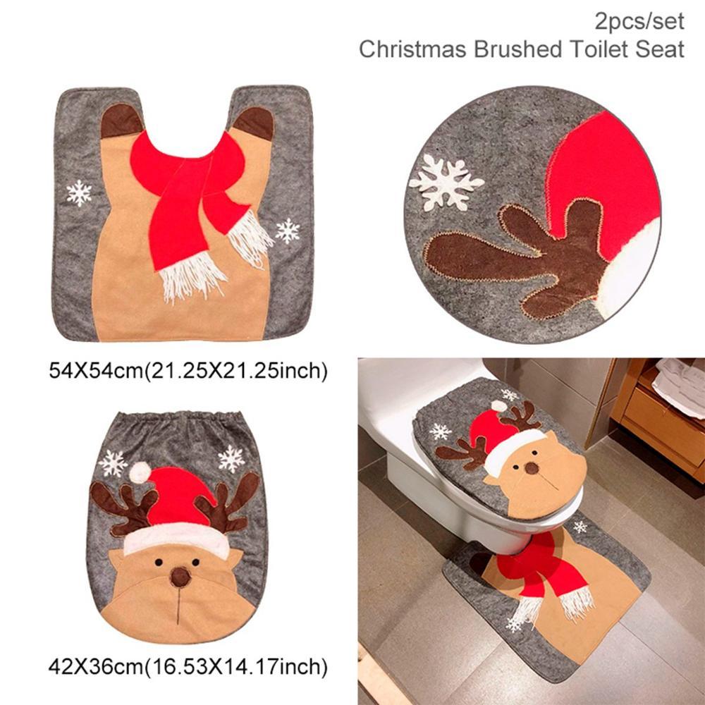 Cortina de baño navideña con diseño de Papá Noel y asiento de inodoro con adornos navideños