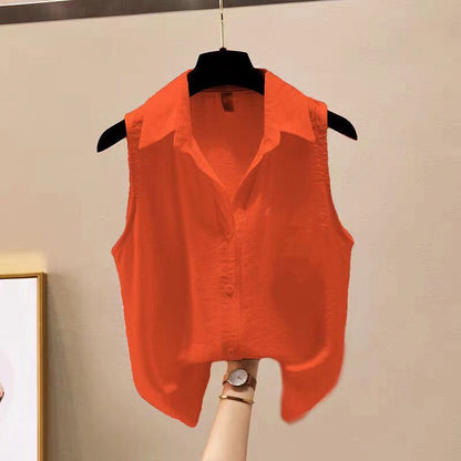 Camisa de gasa crepé sin mangas de color sólido de verano para mujer