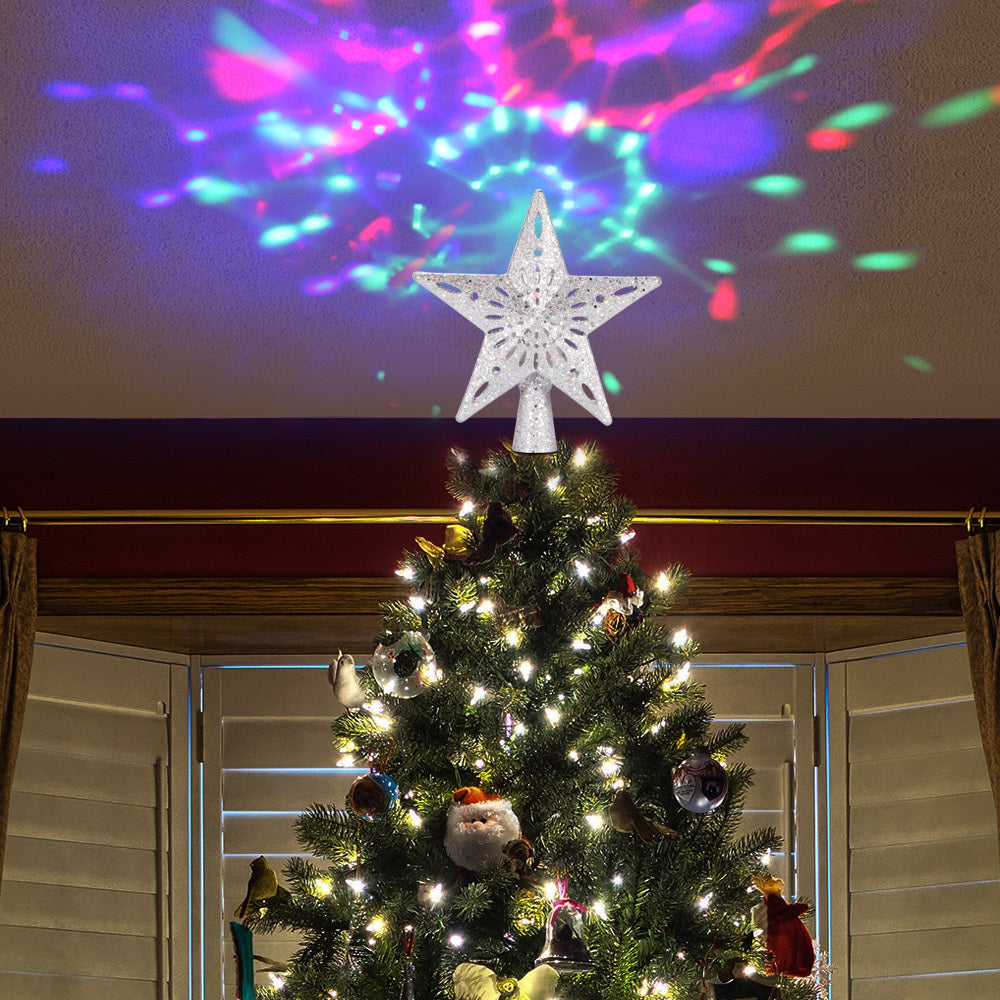 Proyector láser LED con forma de copo de nieve y estrella para la parte superior del árbol de Navidad