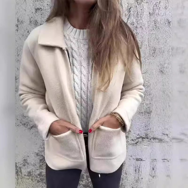 Chaqueta con cremallera de solapa y bolsillos, abrigo de color liso a la moda para otoño e invierno, ropa de mujer