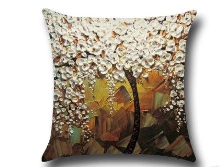 Three-dimensional Oil Painting Trees Flowers Cotton Cushion Cushion Pillowcase Car Waist Cushion Cover