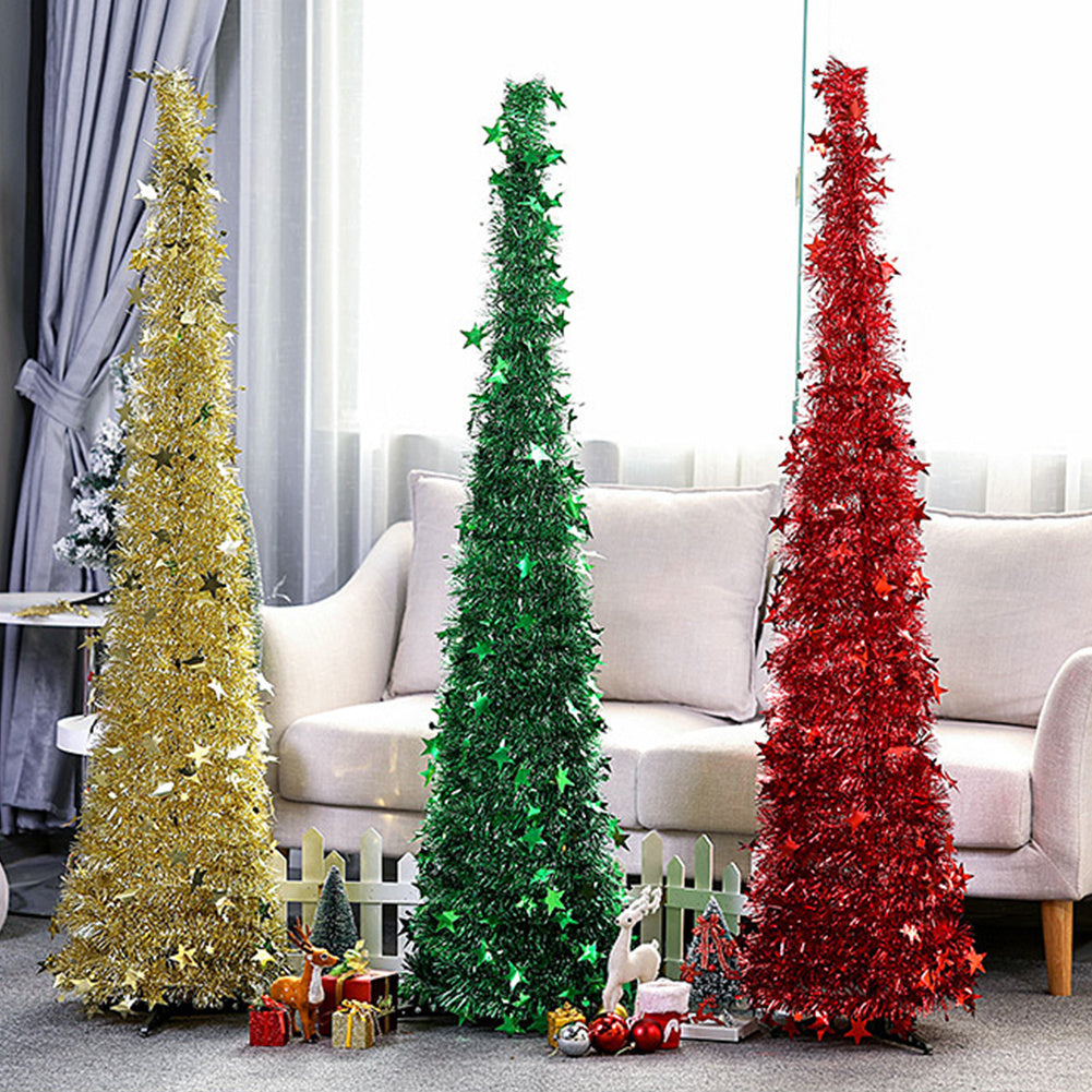 Árbol de Navidad artificial con oropel y soporte. Hermoso árbol de Navidad artificial plegable para decoraciones navideñas.