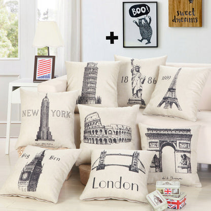 Fundas de almohada con estampado de grandes edificios, Londres, París, Nueva York, almohadas decorativas, algodón y lino, decoración del hogar, fundas de almohada cuadradas