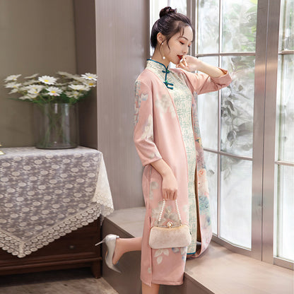 Women's Medium Length Cheongsam With Suede And Aodai Dress