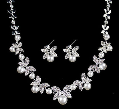 B0879 accesorios de joyería de boda para novia al por mayor conjunto de collar y pendientes de perlas de diamantes de moda deja la atmósfera