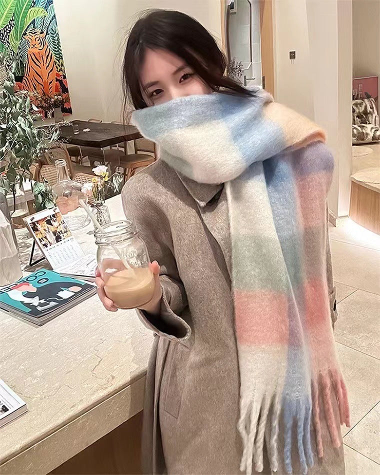 Fashion Striped Mohair Plaid Scarf For Women