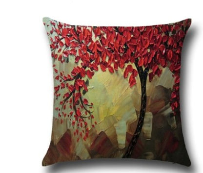 Three-dimensional Oil Painting Trees Flowers Cotton Cushion Cushion Pillowcase Car Waist Cushion Cover