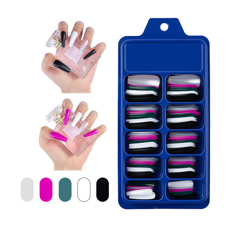 Pegatinas completas de caja azul para usar uñas postizas de ballet largas, parches de uñas de color sólido