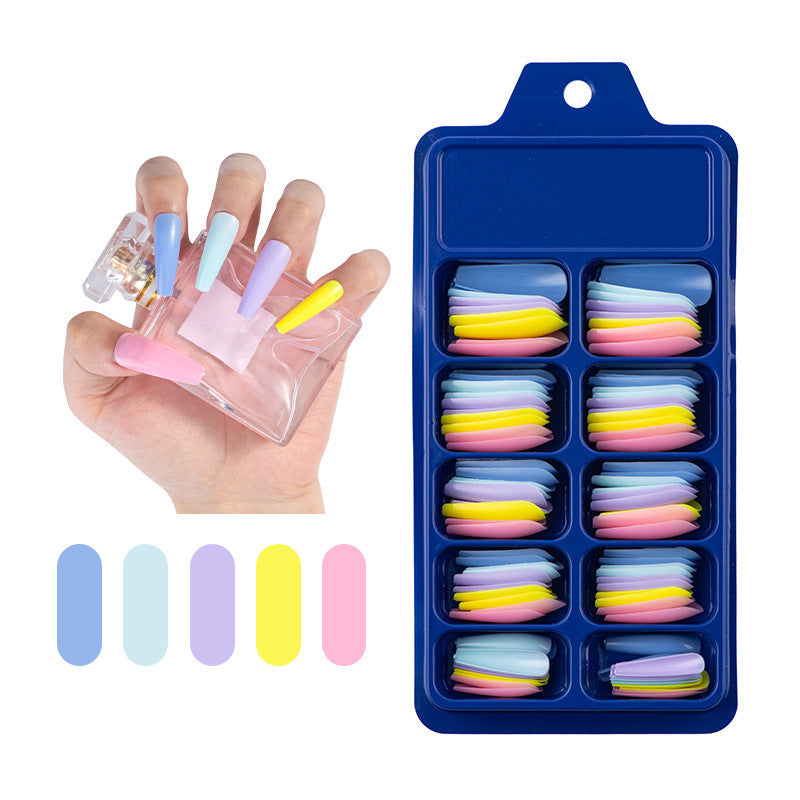 Pegatinas completas de caja azul para usar uñas postizas de ballet largas, parches de uñas de color sólido