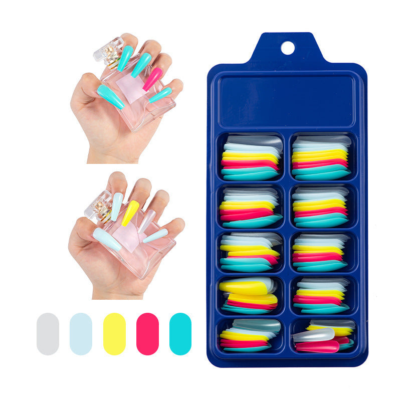 Pegatinas completas de caja azul para usar uñas postizas de ballet largas, parches de uñas de color sólido