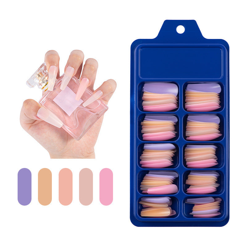 Pegatinas completas de caja azul para usar uñas postizas de ballet largas, parches de uñas de color sólido