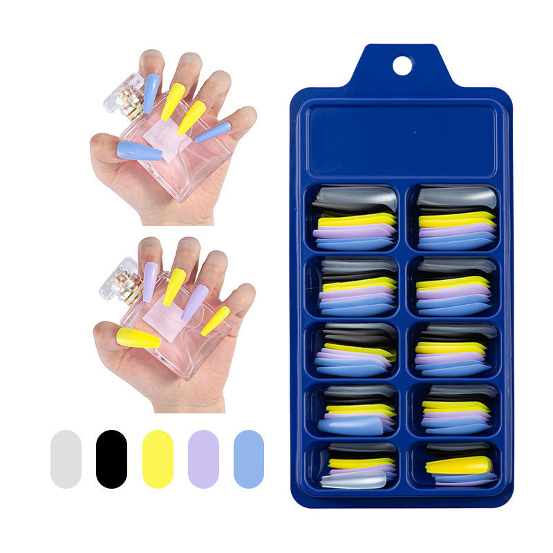 Pegatinas completas de caja azul para usar uñas postizas de ballet largas, parches de uñas de color sólido