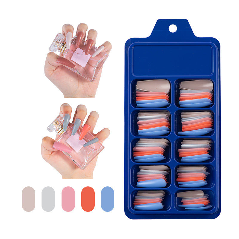 Pegatinas completas de caja azul para usar uñas postizas de ballet largas, parches de uñas de color sólido