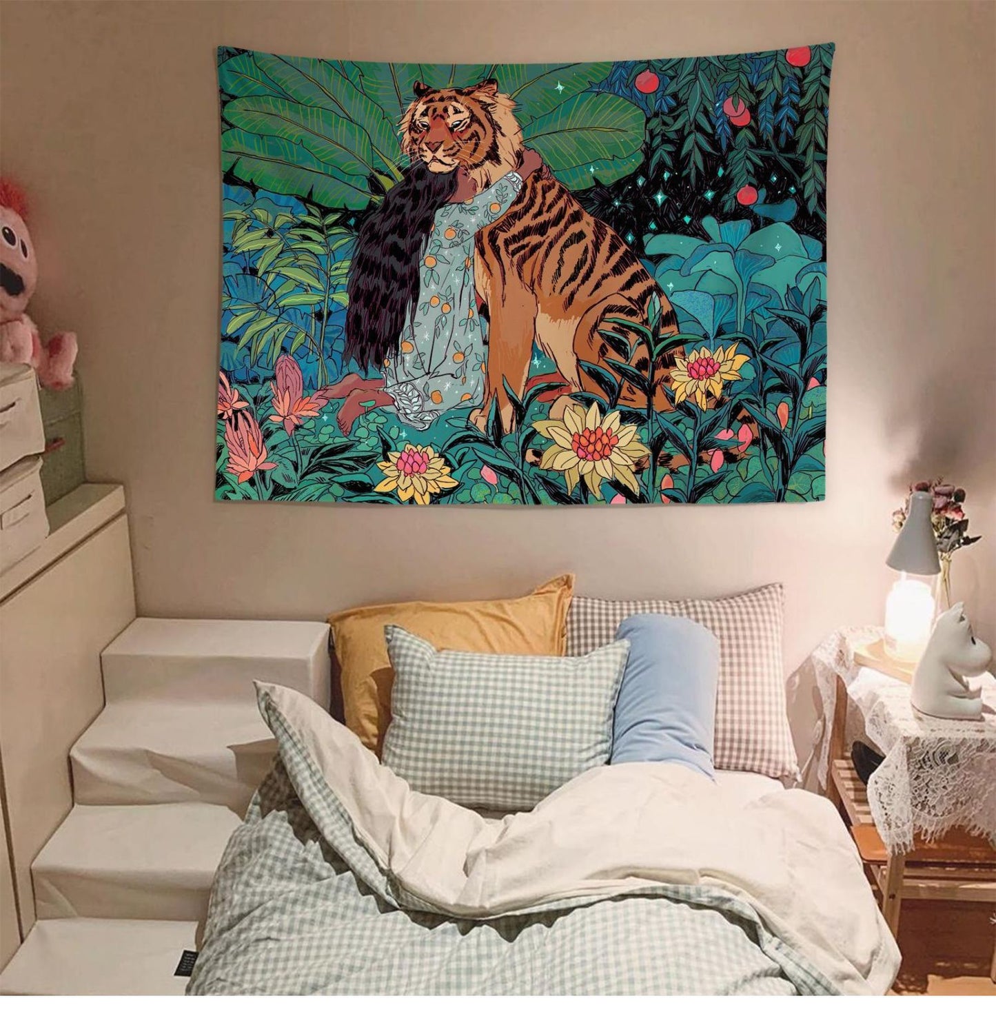 Tapiz de pared fresco para niña y tigre, tapiz de pared para dormitorio de niñas, tapiz de decoración para habitación de noche