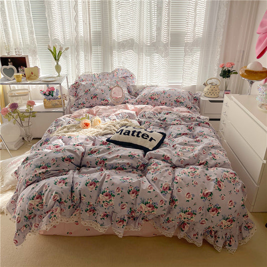 Cotton Lace Three-piece Garden Floral Bed Sheet