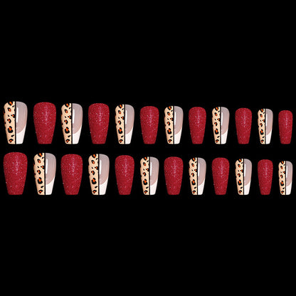 Uñas postizas estilo ballet con estampado de leopardo en color rojo