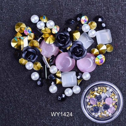 Nail Art Metal Flower Cat's Eye Jade Shaped Pointed Rhinestone Nail Art Pearl Jewelry