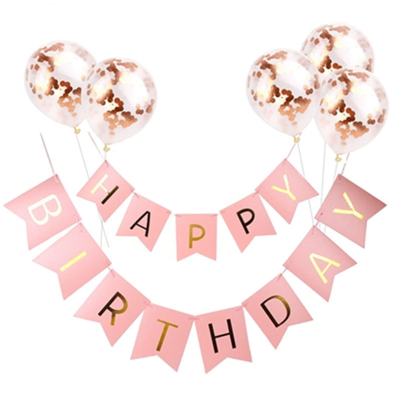 Happy Birthday Lettering Banner Rose Gold Multicolored Balloons