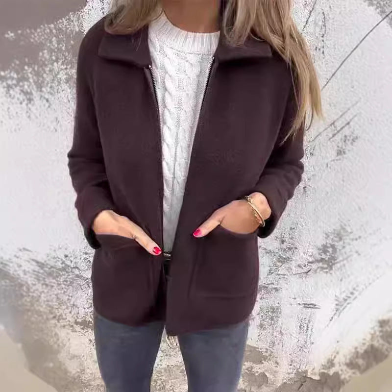 Chaqueta con cremallera de solapa y bolsillos, abrigo de color liso a la moda para otoño e invierno, ropa de mujer