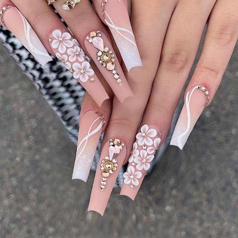 Uñas postizas largas con degradado de ballet, color blanco, con purpurina y colores para usar en niñas