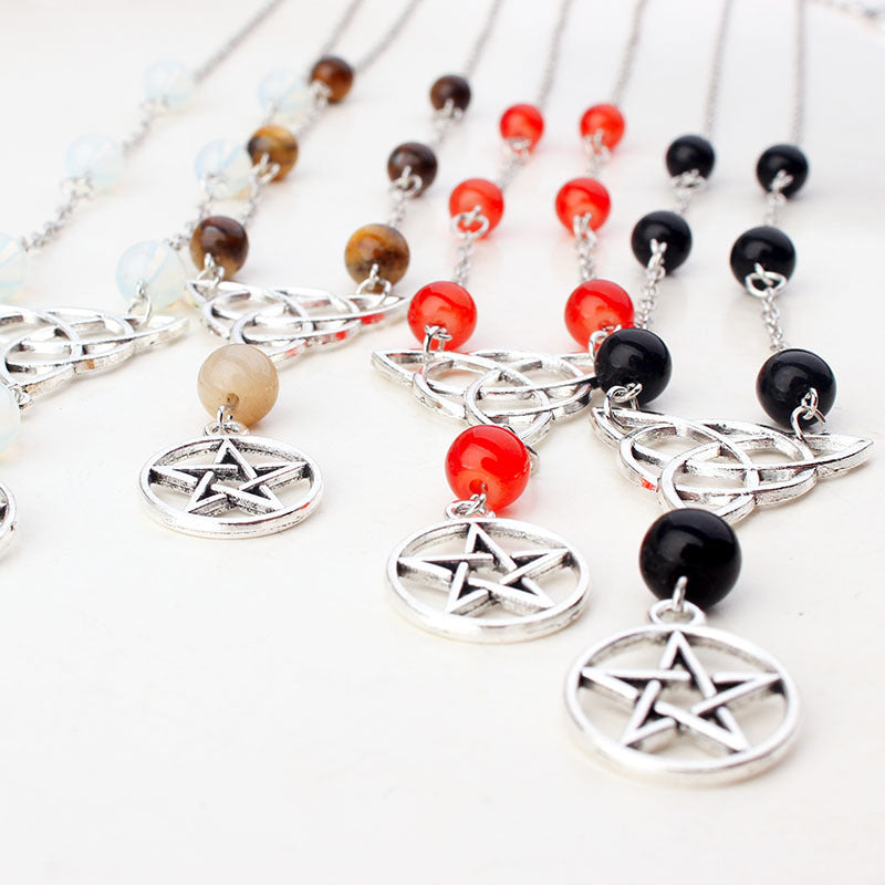 Gothic Witchcraft Pentagram Head Chain Magic Round Beads Stone