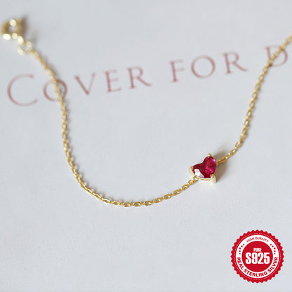 Pulsera de corazón rojo pequeño bañada en oro y plata esterlina S925 para mujer