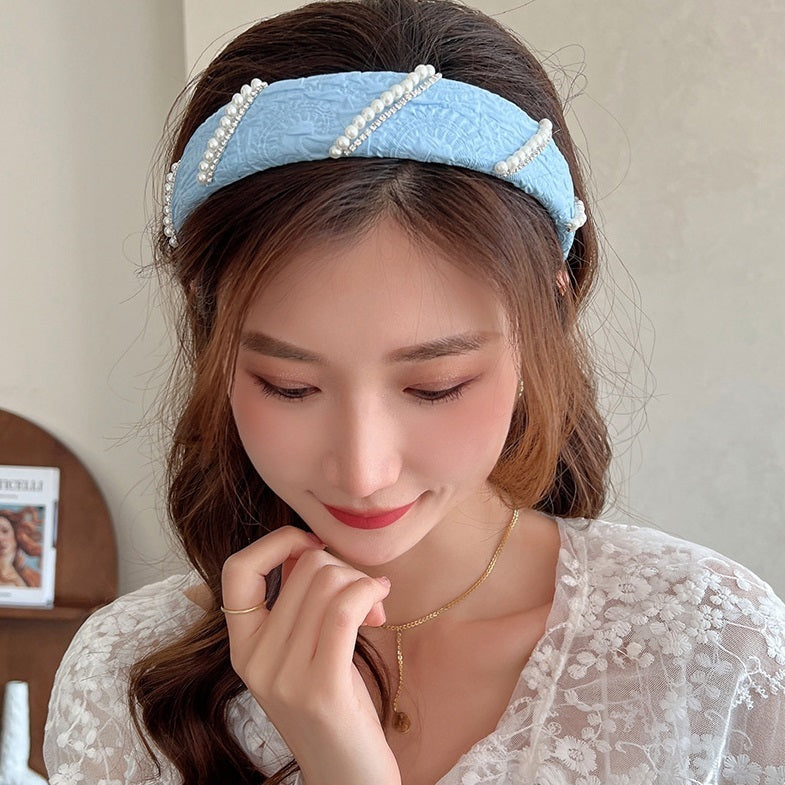 Mesh Pearl Small Flower Blue Color Face Wash Hair Bands Female