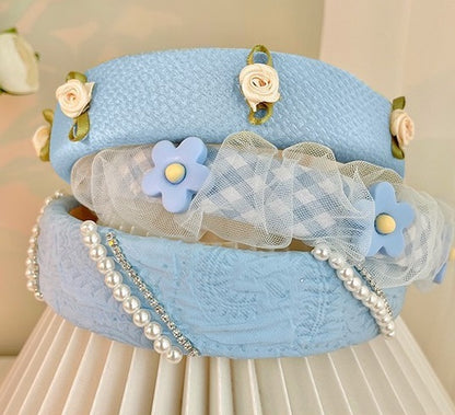 Mesh Pearl Small Flower Blue Color Face Wash Hair Bands Female