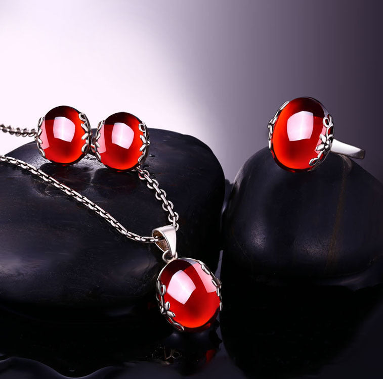 Conjunto de joyas de plata esterlina S925, joyería nupcial de circonita roja hermosa retro, venta al por mayor de plata de moda de alta gama