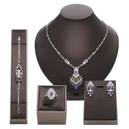 Color Zirconium Necklace Earrings 4-piece Set