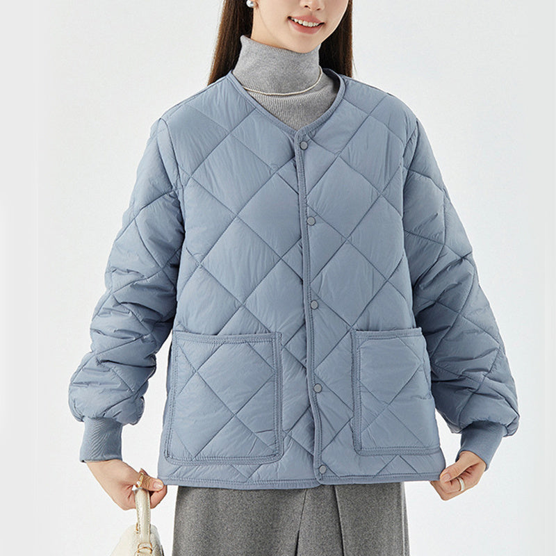 Nuevo abrigo de algodón con costura de rombos, chaqueta cálida de cuello redondo para invierno con bolsillos, ropa de abrigo ligera para mujer