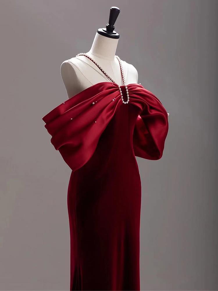 Premium Sense Wine Red Engagement Fishtail Temperament One Line Shoulder Evening Dress