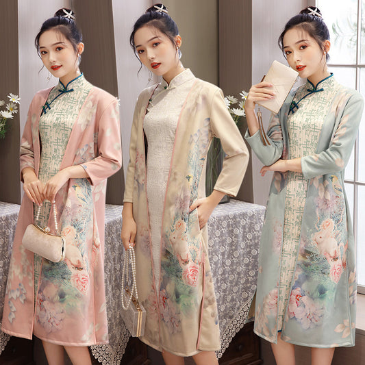 Vestido cheongsam de largo medio para mujer con gamuza y aodai