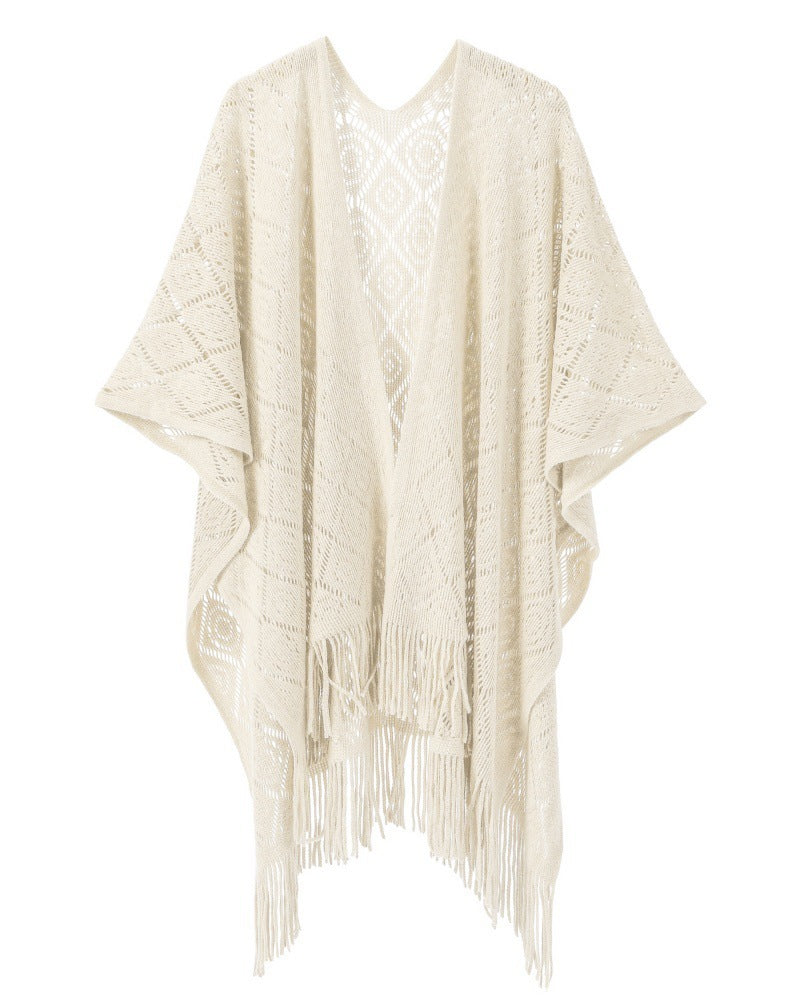 Warp Knitted Solid Color Tassel Thin Hollow Shawl