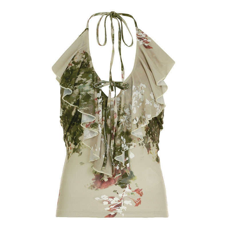 Mori Style Plant Print Halter Vest